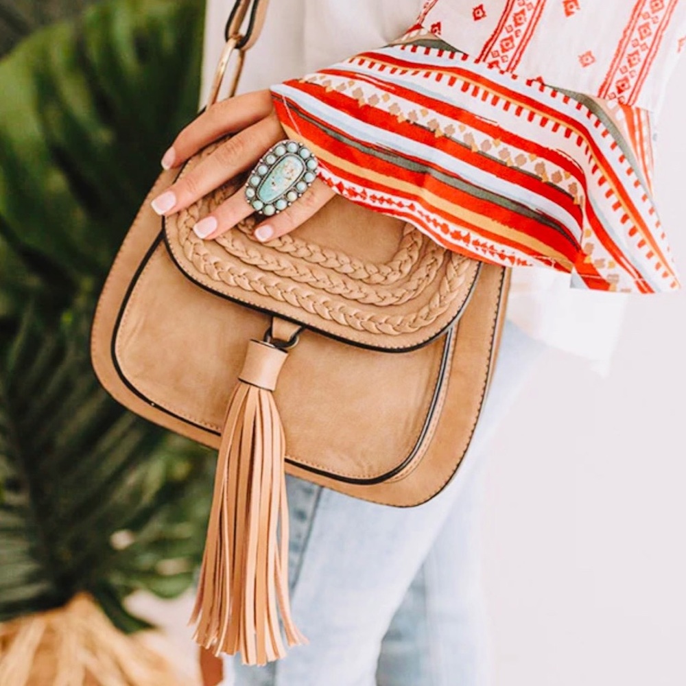 JUST IN/ Bohemian Crossbody with Tassel Accent - TAUPE
